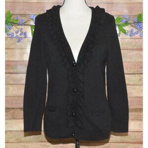Talbots Black Ruffle Front Button Up V-Neck Ribbed Cardigan Sweater Size L